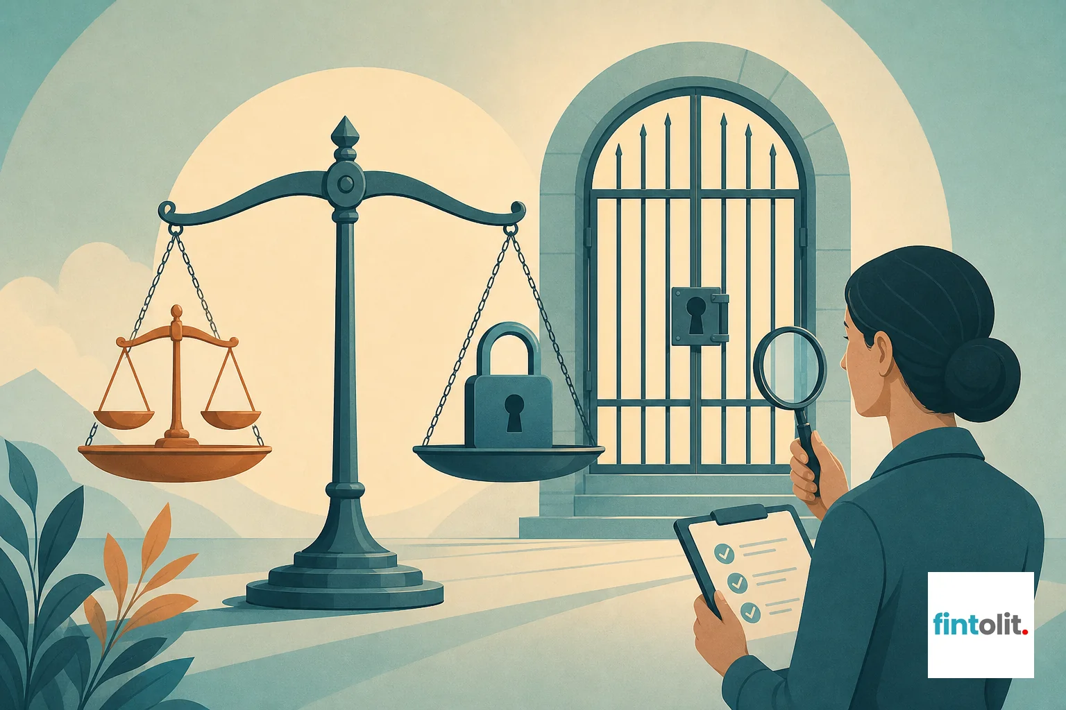 Modern minimal illustration with clean lines, one symbolic focal element suggesting scales of justice weighed against a locked gate, subtle detail suggesting scrutiny and verification, stylised rather than photographic, confident and