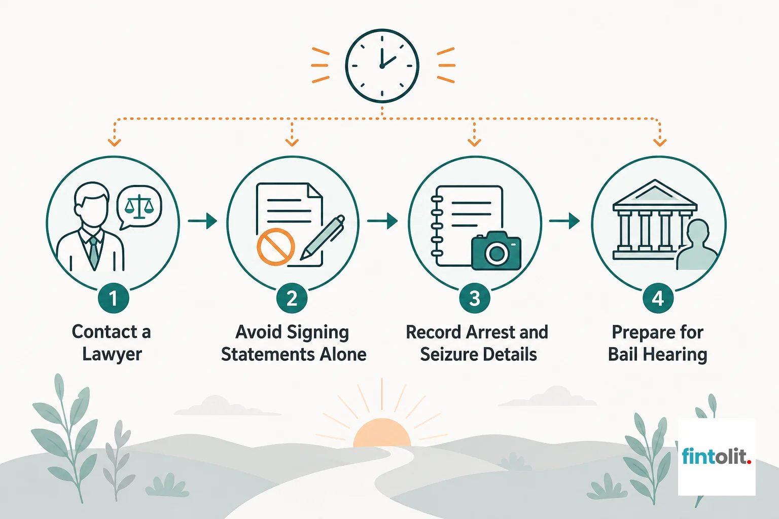 Minimal flat process-diagram style with simple icons and short legible labels reading: Contact a Lawyer, Avoid Signing Statements Alone, Record Arrest and Seizure Details, Prepare for Bail Hearing, drawn from the article's own guidance