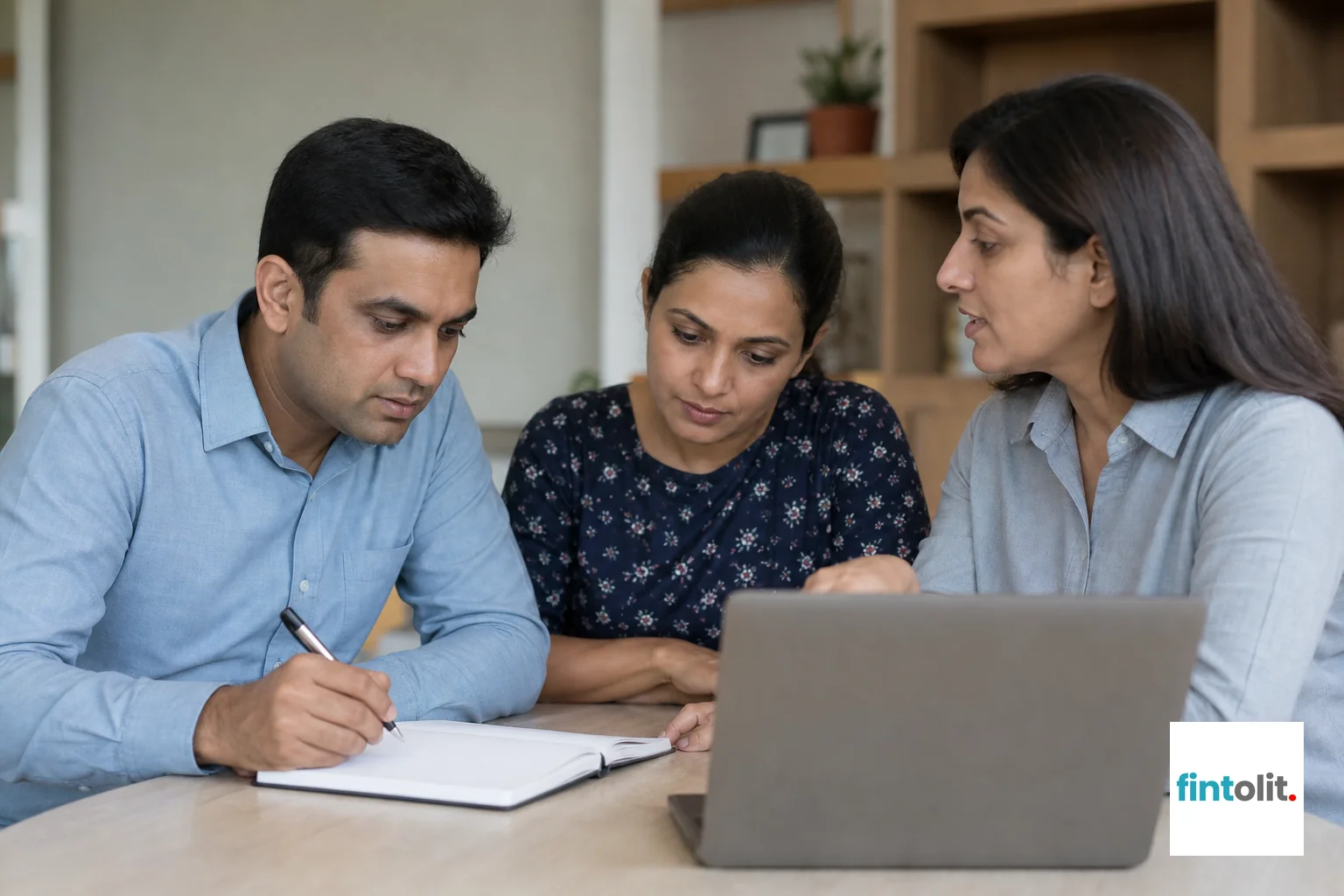 Natural close-up photography of people of Indian appearance concentrating on an everyday professional consultation, laptop and notes nearby with screens visible but unreadable, focus and active engagement, soft natural daylight, intimate