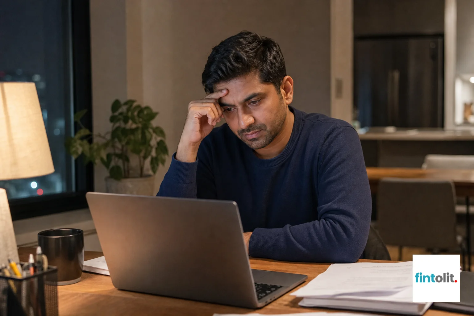 Natural close-up photography of people of Indian appearance concentrating on an everyday professional moment, laptops or notes nearby with screens visible but never readable. Show a person of Indian appearance sitting at a home desk late in