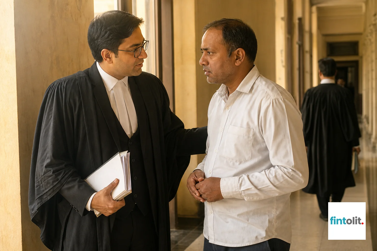 Courtroom-adjacent moment, lawyer briefing client before hearing. Lawyer at Home style adapted to court corridor: candid documentary photography of an Indian lawyer in formal black-and-white attire briefing a worried client just outside a