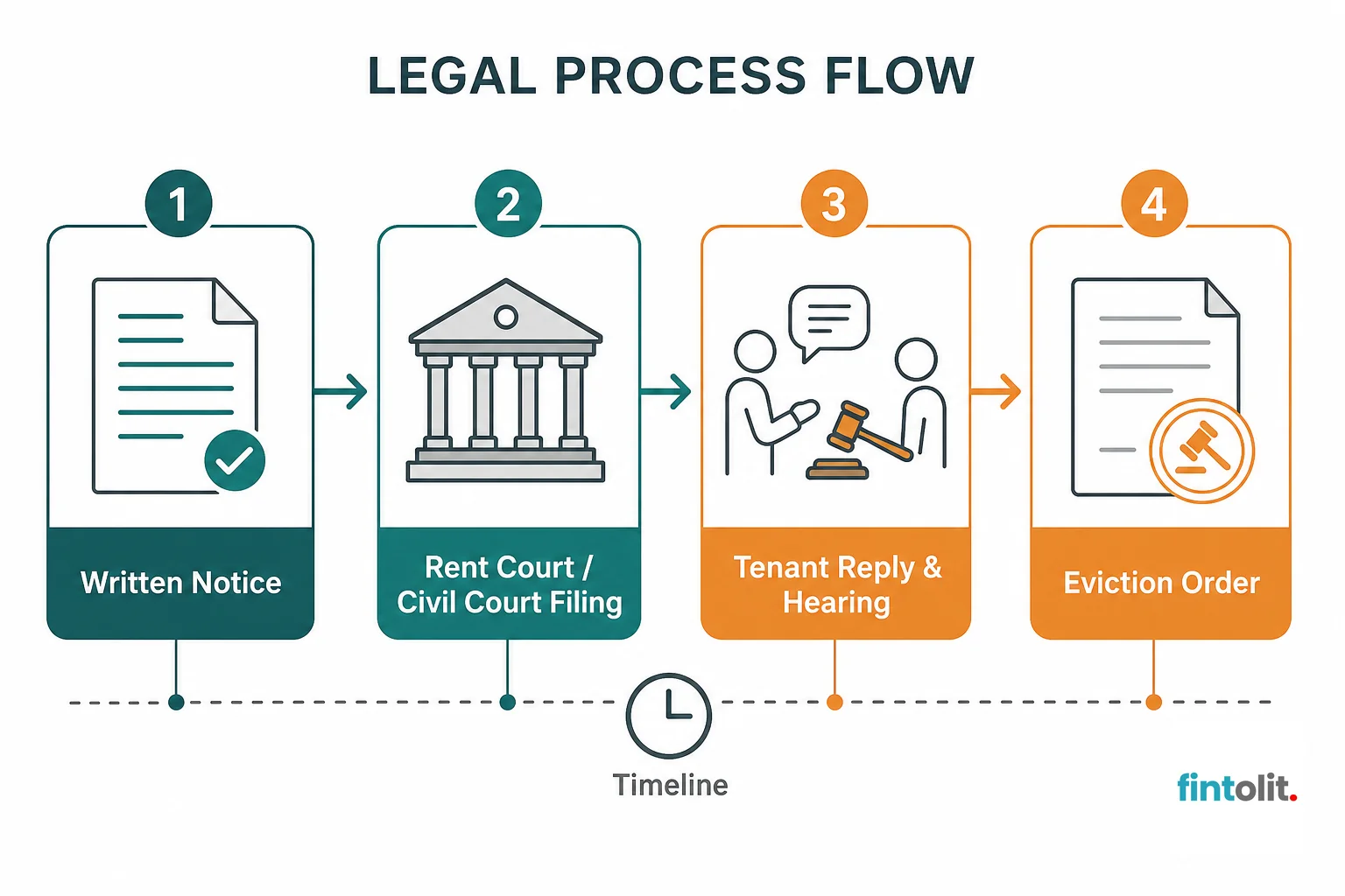 Diagram of the eviction process steps from notice to court order. Legal Process Flowchart style: minimal flat process-diagram showing four stages labeled 'Written Notice', 'Rent Court / Civil Court Filing', 'Tenant Reply & Hearing'