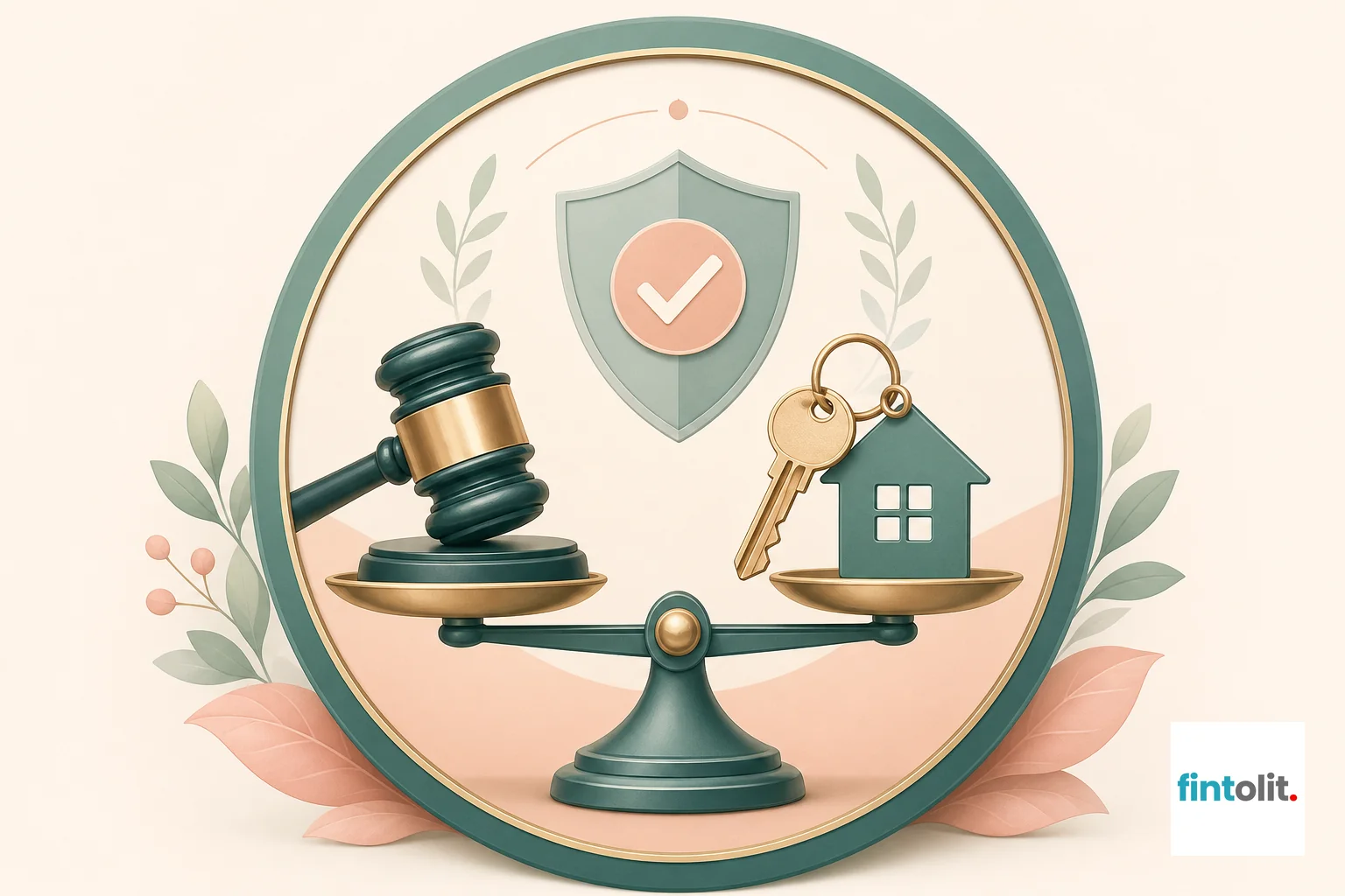 Verified Trust Seal style: modern minimal illustration with a single symbolic focal element like a court gavel balanced beside a house key, clean lines, subtle detail suggesting lawful verification and trust, no readable text, confident and