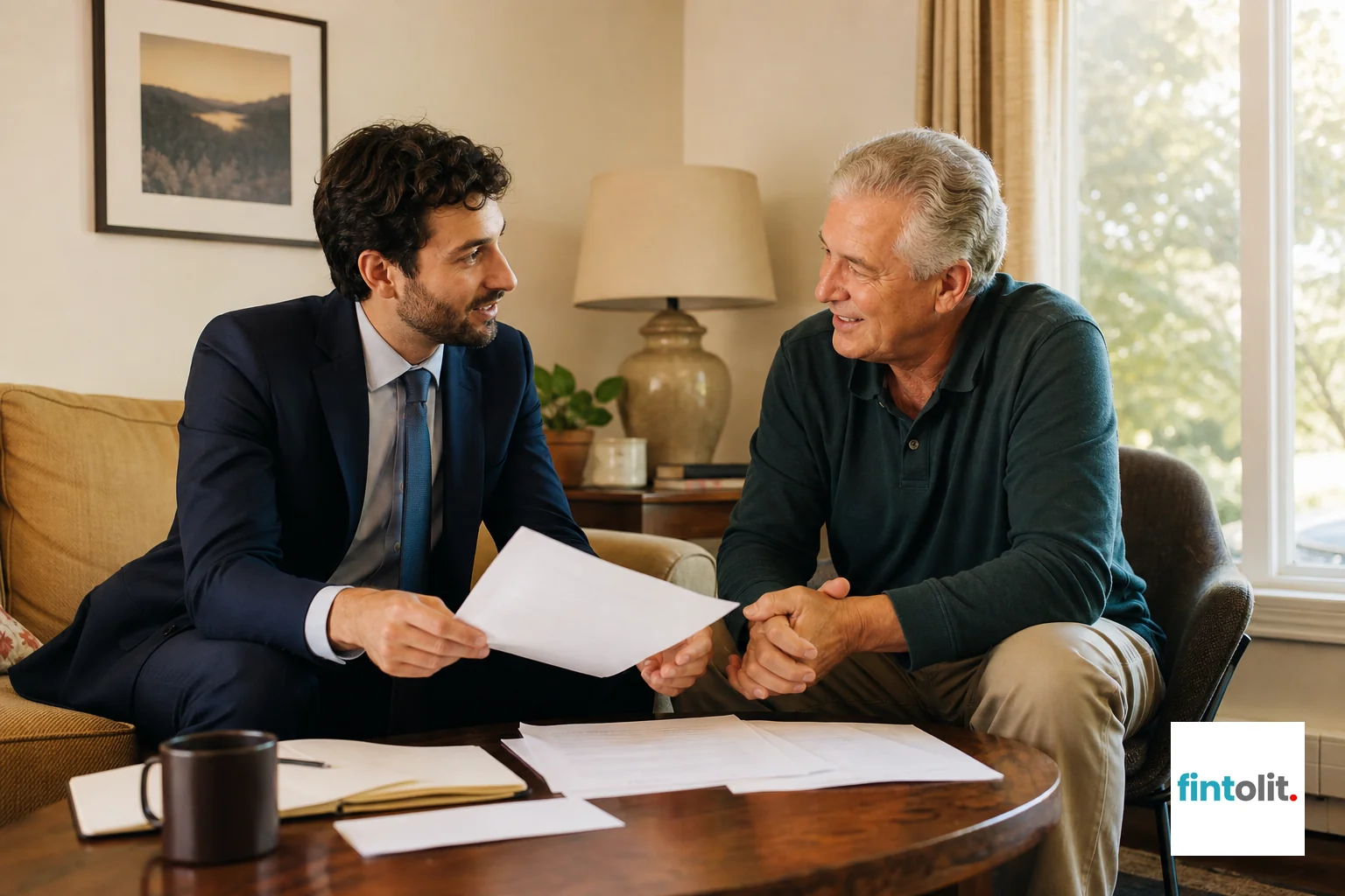 Lawyer at Home style: candid documentary photograph of a lawyer sitting with a landlord in a warm living room, papers spread on a table, morning light through a window, mid-distance framing showing both people and the room, reassuring