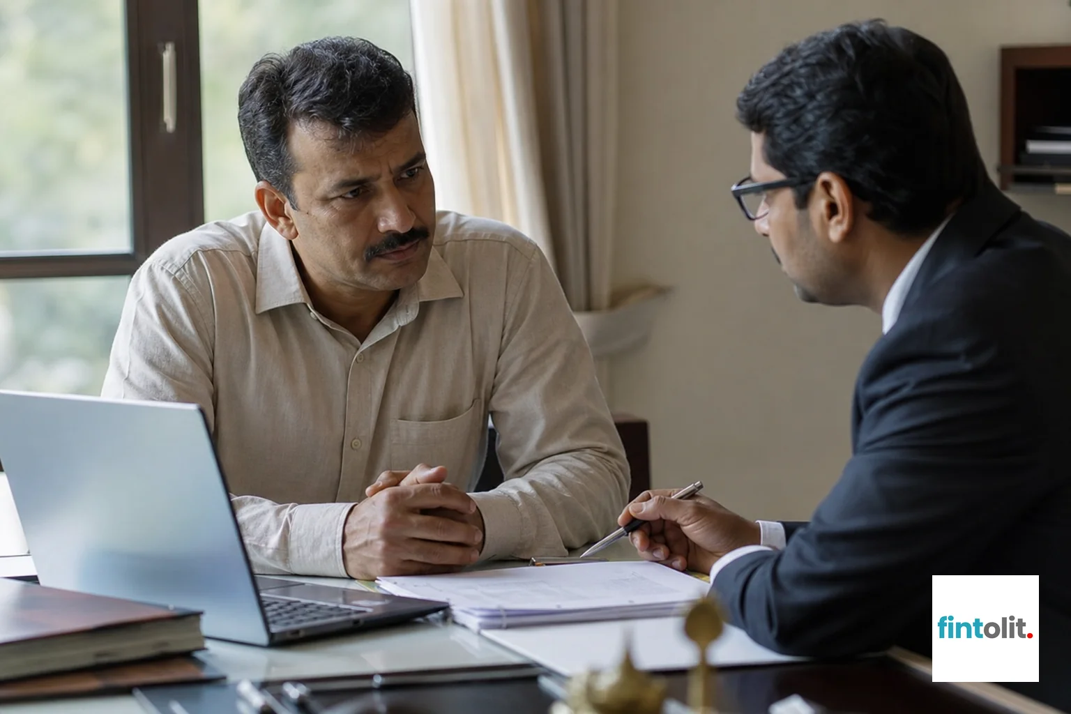 Natural close-up photography of an Indian man of middle age sitting across from a lawyer at a desk, both leaning in, papers and a laptop nearby with screen unreadable, expression serious but focused, not posed. Soft natural daylight from a