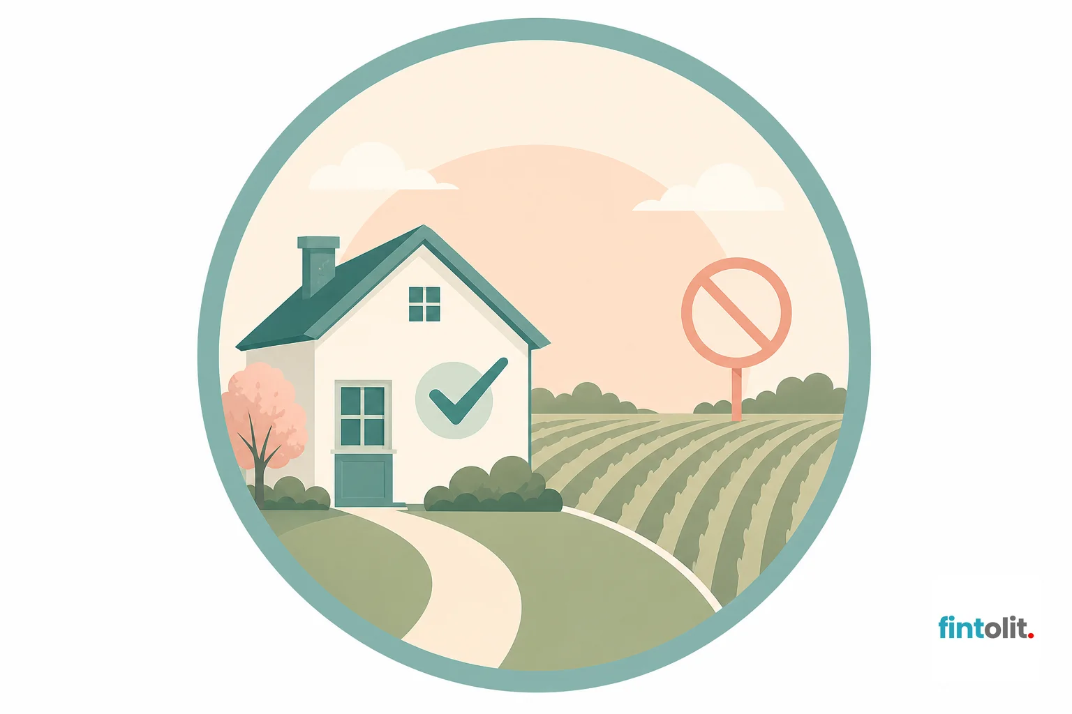 Verified Trust Seal style: modern minimal illustration with clean lines, one focal symbolic element showing a house and a farmland field side by side, a subtle checkmark on the house and a subtle blocked symbol near the field, no text