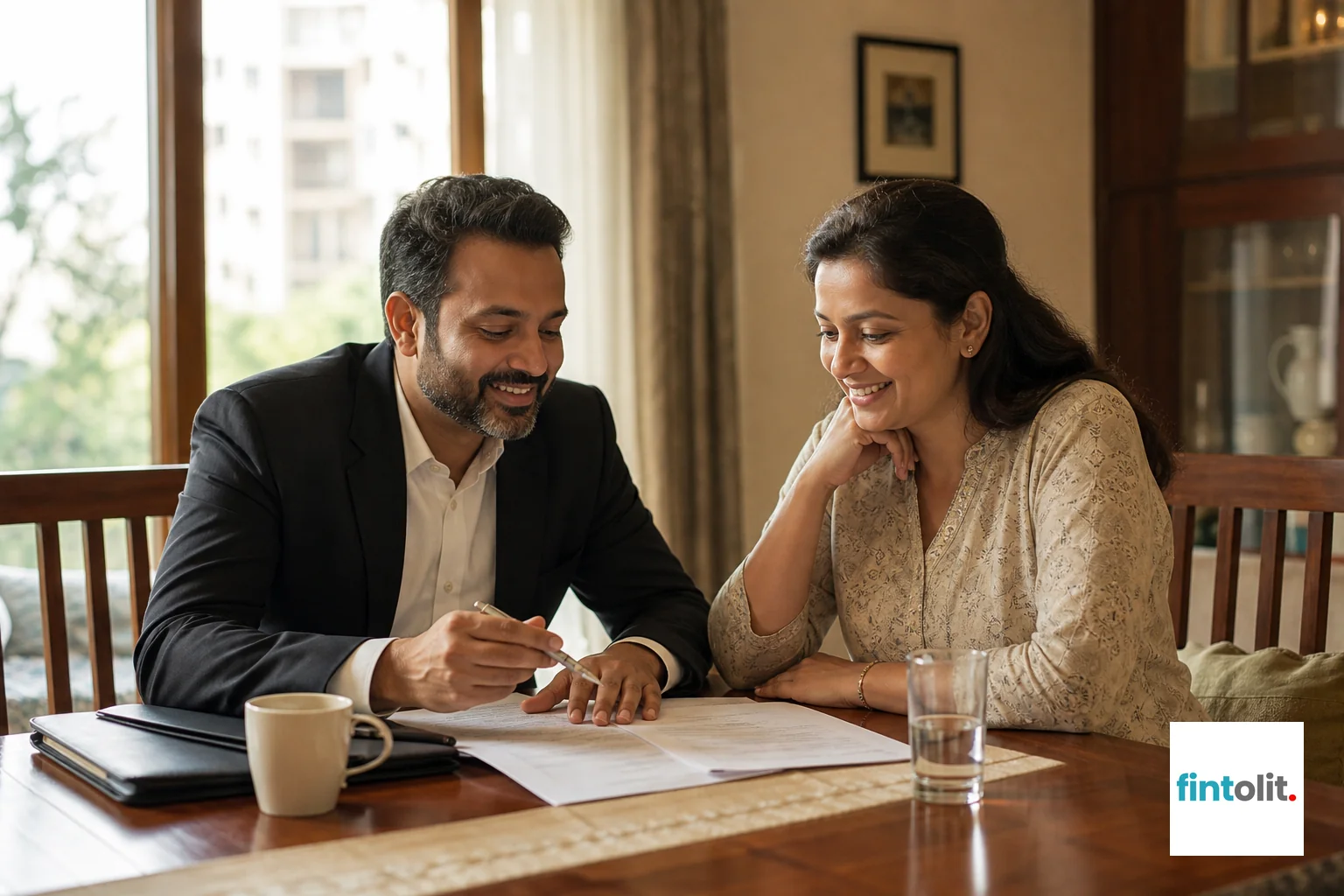 A lawyer visiting a client's home in Gurugram or Delhi NCR to review property documents in person. Lawyer at Home style: candid documentary photography of a lawyer and a homeowner reviewing property documents together at a dining table in a