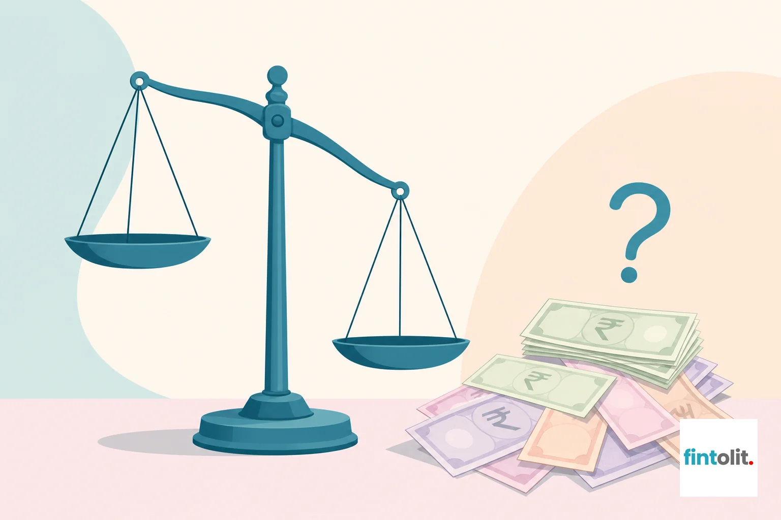 Modern minimal illustration style with clean lines and one clear symbolic focal element: a weighing scale that is unbalanced, next to a stack of scattered rupee notes and a small question mark, suggesting inconsistent legal fees and lack of