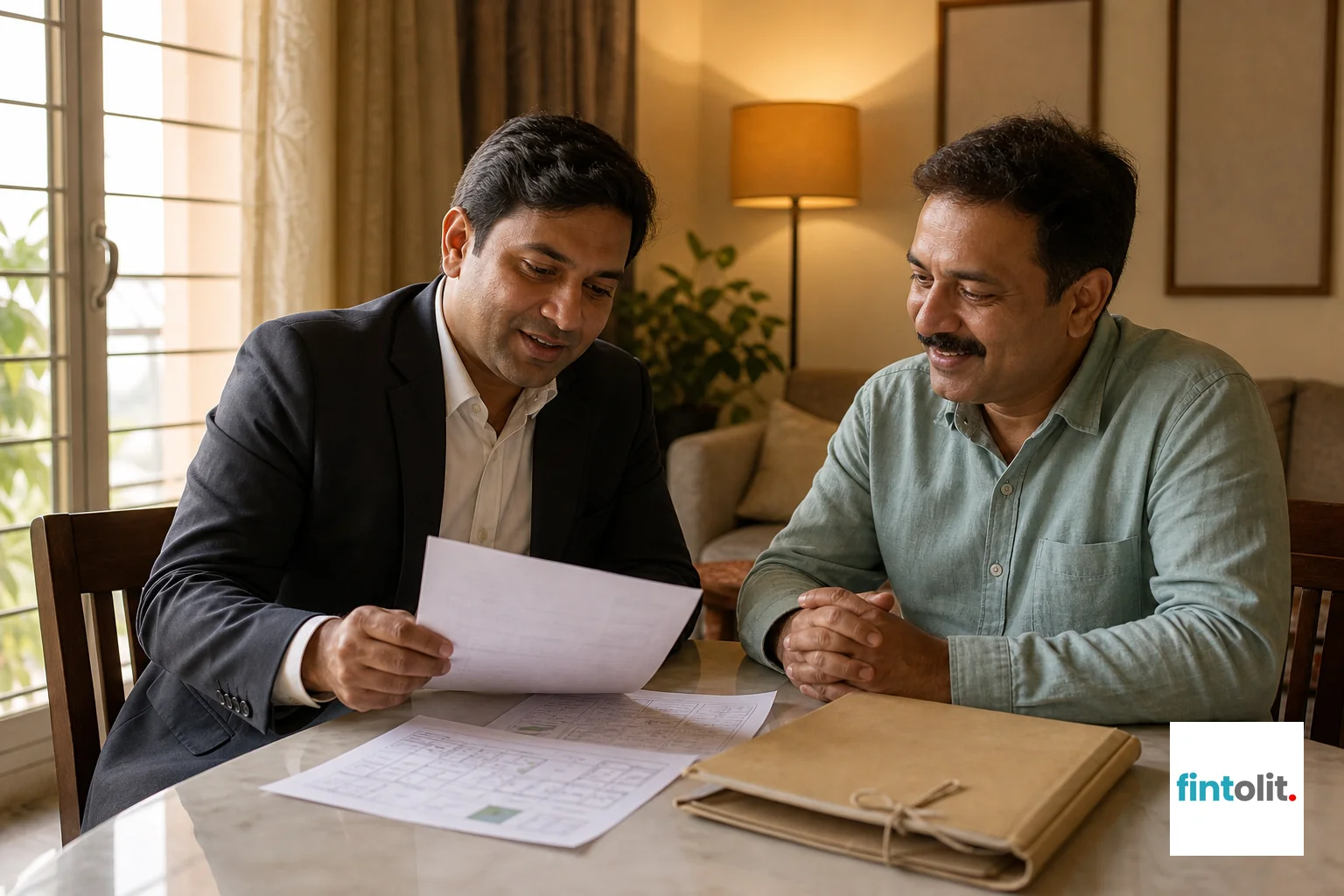A lawyer at a client's home in Gurgaon reviewing physical land record documents and an encumbrance certificate. Candid documentary photography of a lawyer visiting a client's home in Gurgaon, both seated at a table reviewing printed land