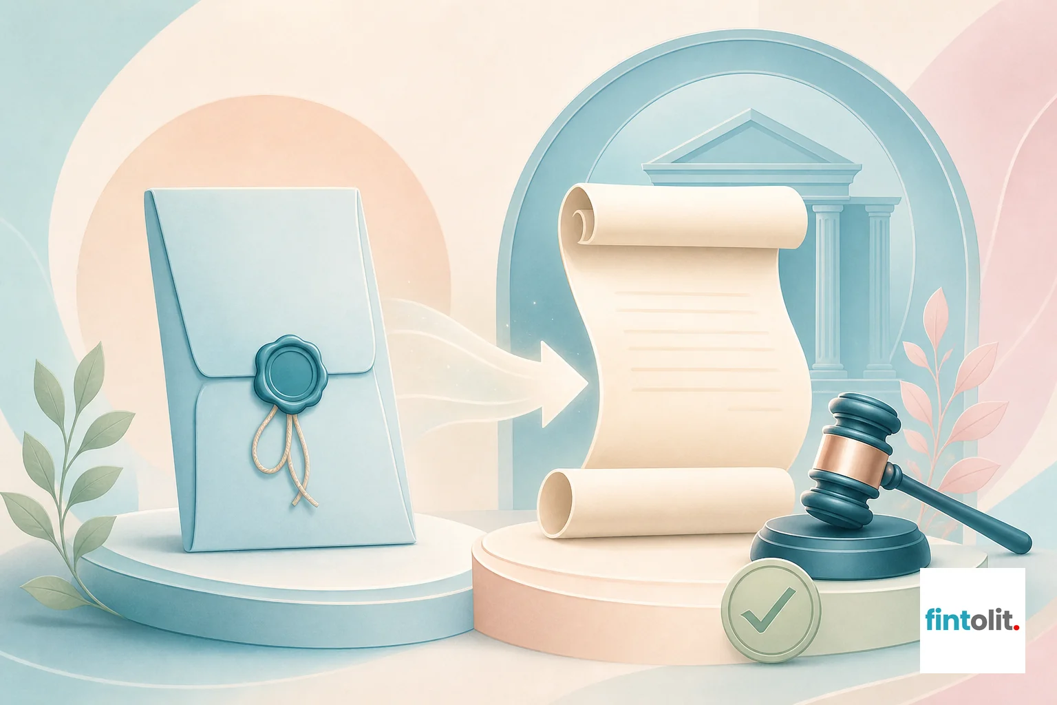 Illustration symbolizing the will-to-probate legal journey for NRI assets. Modern minimal illustration style with clean lines and one clear symbolic focal element: a sealed document transforming into an open scroll with a court gavel motif