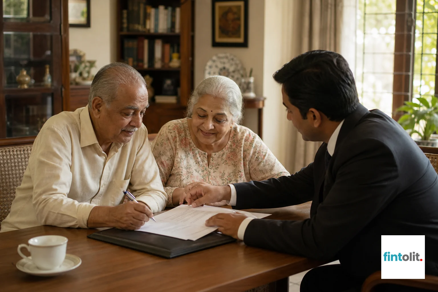Candid documentary photography of real people mid-moment in a warm living room setting, an older Indian couple and a family lawyer reviewing documents together at a home table, caught doing the thing rather than posing, soft natural morning