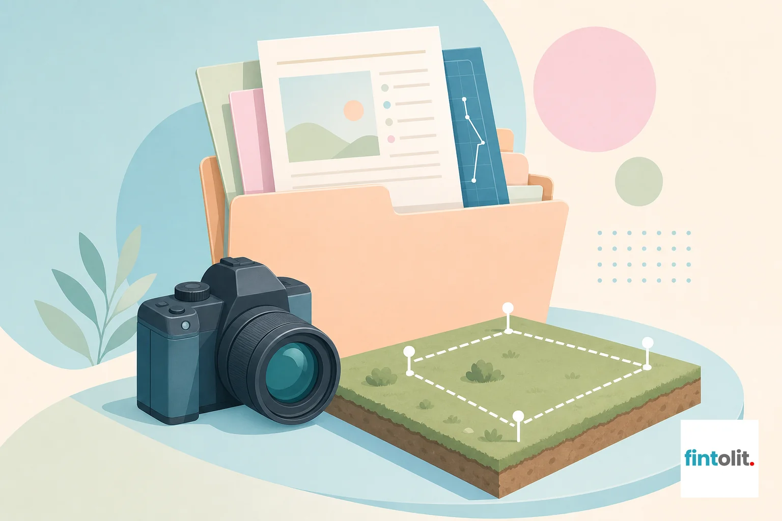 Illustration symbolizing documentation and evidence gathering for a property encroachment case. Modern minimal illustration style with clean lines and one clear symbolic focal element: a folder of property documents, a camera, and a small