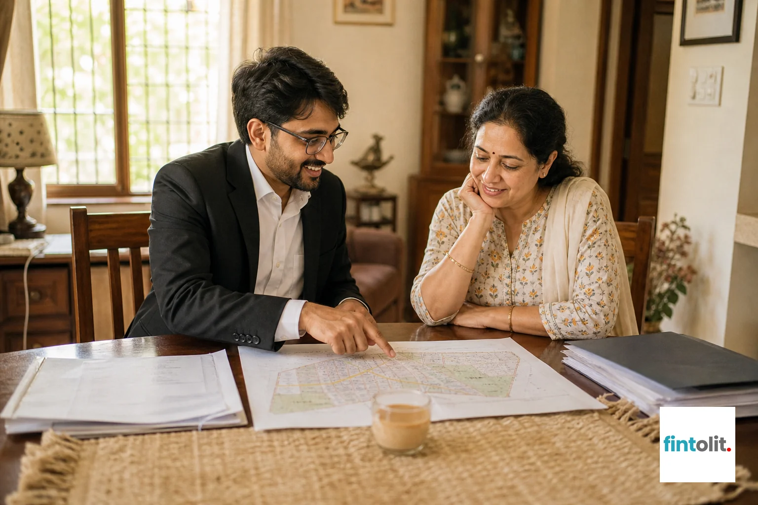 Candid documentary photography of real people mid-moment in a warm, everyday Delhi NCR home setting: a lawyer sitting with a homeowner at their dining table, papers spread out, both looking at a boundary map. Soft natural morning light from