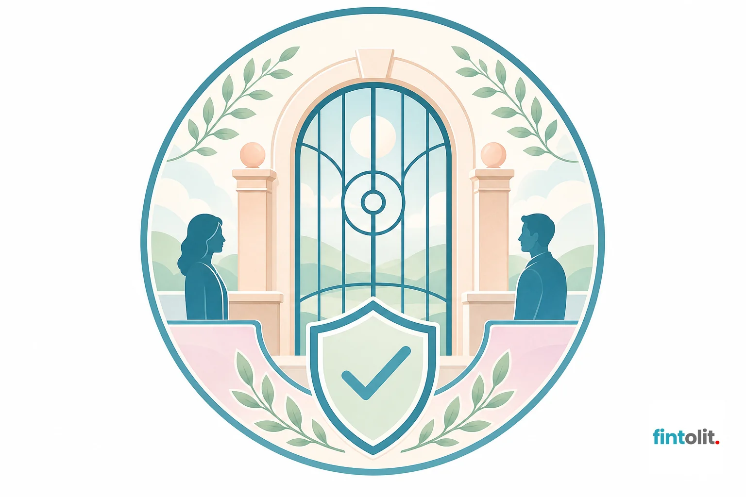 Verified Trust Seal: modern minimal illustration with clean lines showing a symbolic gate or window with a small figure silhouette on each side representing regulated visitation, subtle detail suggesting verification and trust, no readable