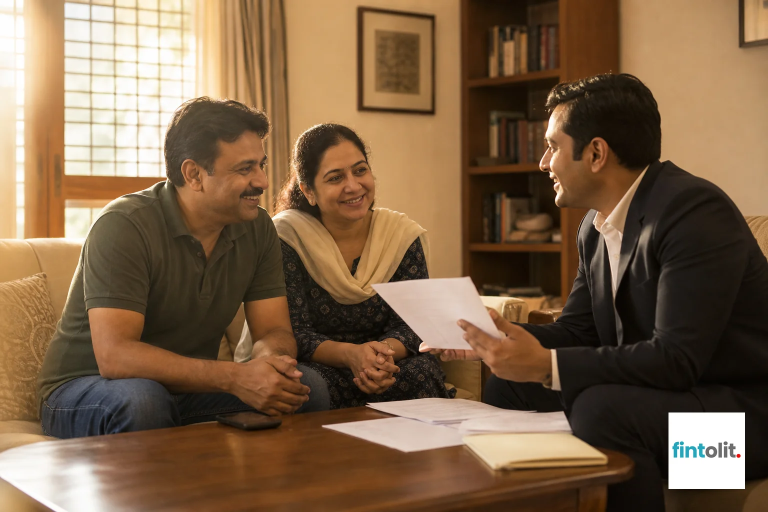 Lawyer visiting a worried family at home to discuss an urgent arrest matter. Lawyer at Home: candid documentary photograph of a lawyer sitting with a worried Indian family in their living room, papers spread on a coffee table, warm morning
