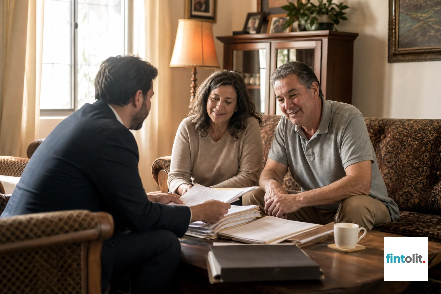Lawyer visiting client's home to continue case discussion, warm reassuring tone. Candid documentary photography of a lawyer meeting a client's family at home in warm morning light, mid-conversation with case files spread on a table, caught