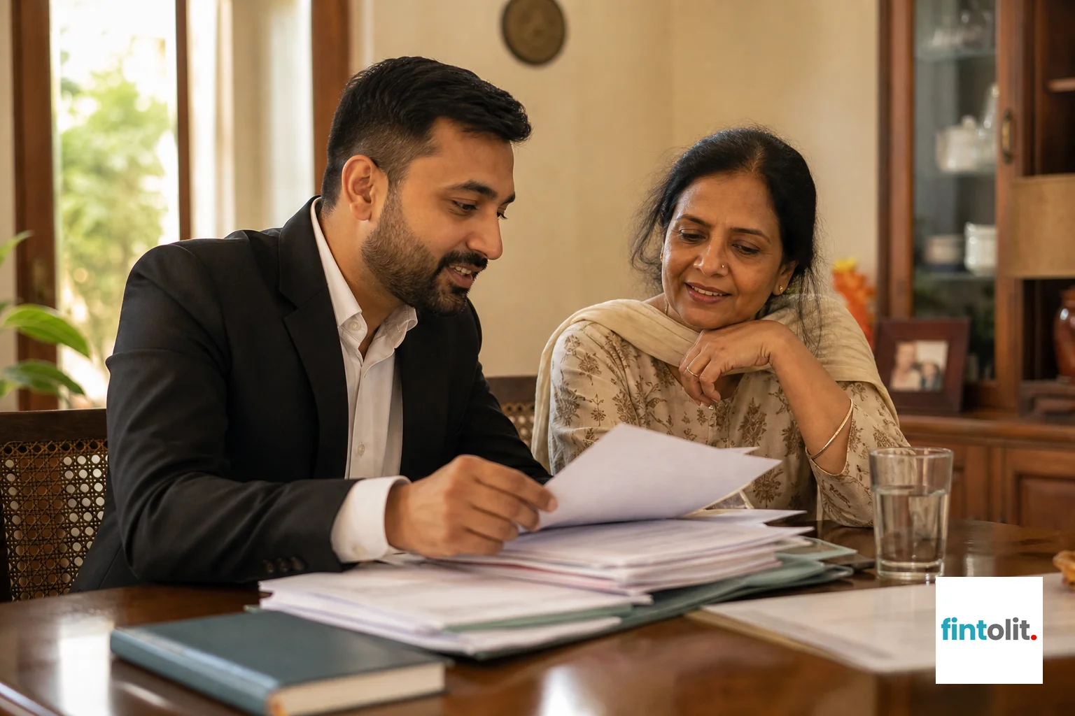 Candid documentary photography of real people mid-moment in warm, everyday settings, caught doing the thing rather than posing. A lawyer and a family member review a stack of certified property documents and land registry papers together at