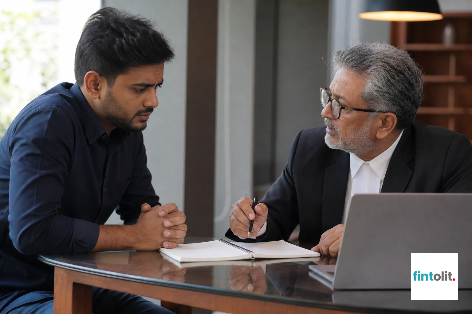 Close-up of a client in consultation with a verified lawyer discussing case strategy. Natural close-up photography of people of Indian appearance concentrating on an everyday professional moment, laptops or notes nearby with screens visible