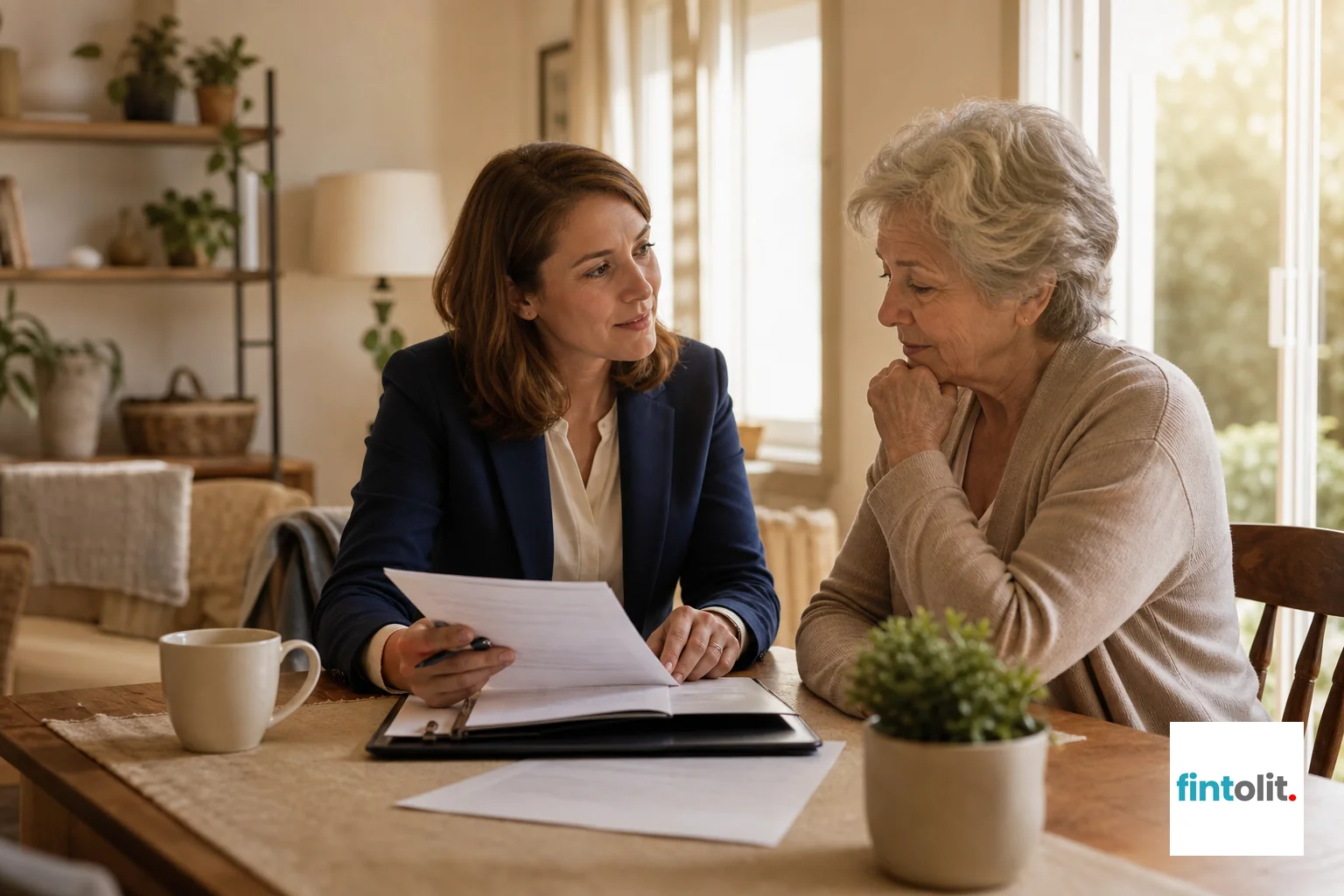A case manager or lawyer speaking warmly with a client at home, representing the Lawyer at Home service. Candid documentary photography of real people mid-moment in warm, everyday settings, caught doing the thing rather than posing. A