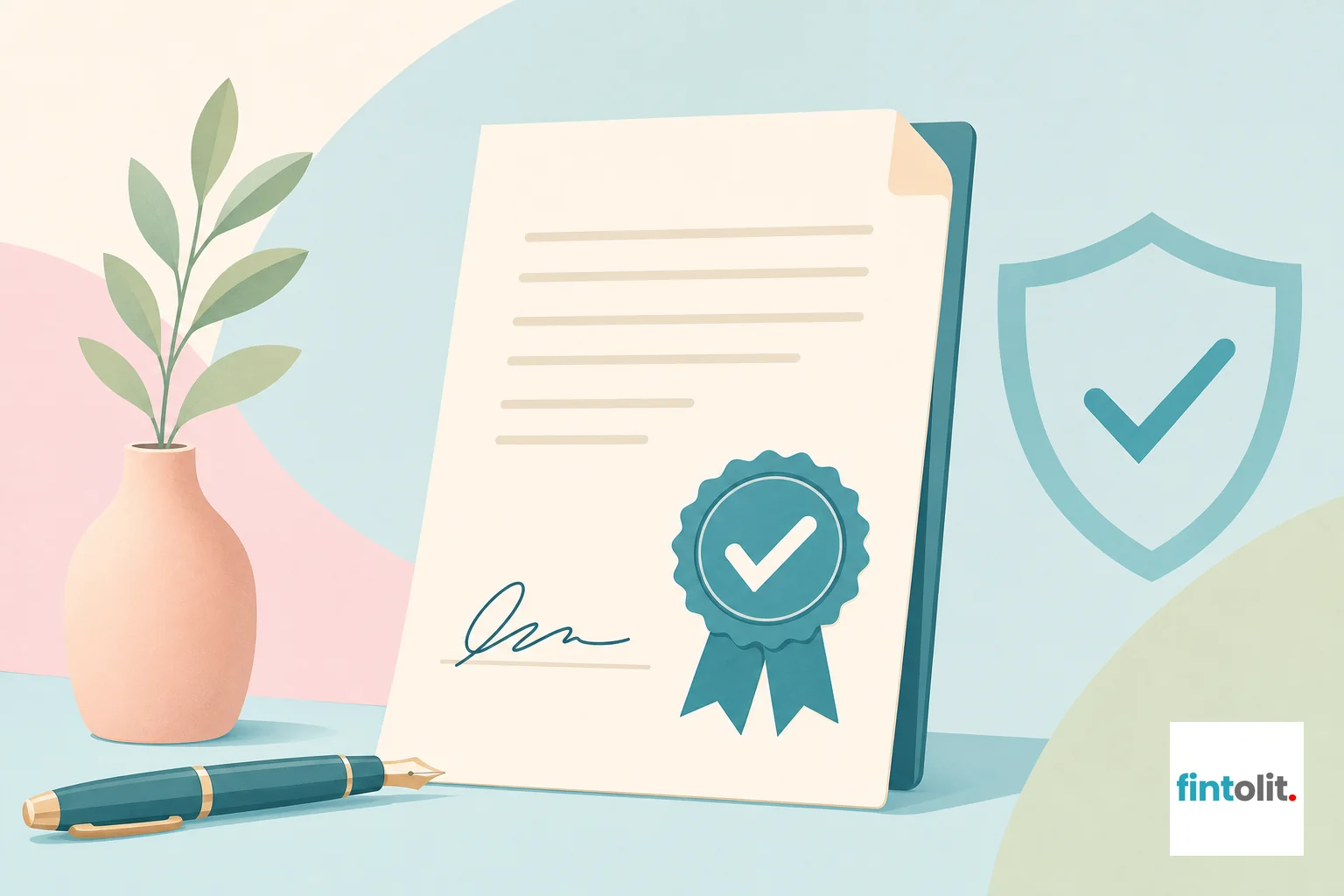 Symbolic illustration of trust and verified legal authorization for a power of attorney. Modern minimal illustration style with clean lines and one clear symbolic focal element: a document with a seal and a signature line, suggesting