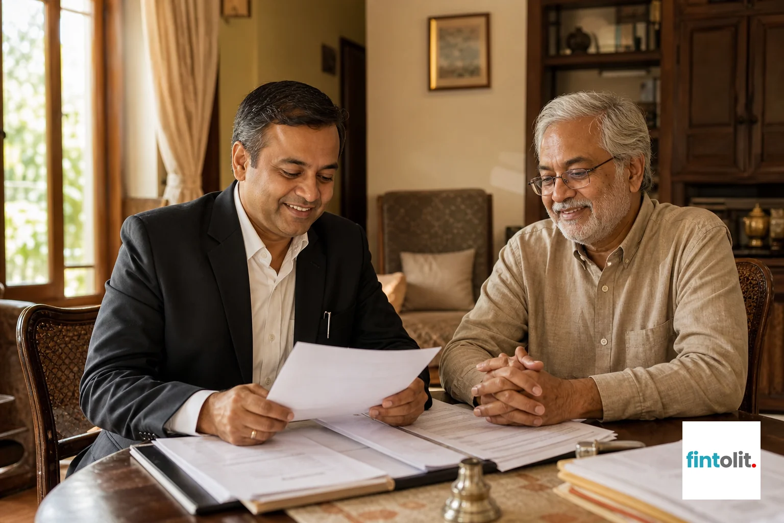 A lawyer at home meeting with an NRI's local family member to review property documents in person. Candid documentary photography of real people mid-moment in a warm home setting in India, an advocate reviewing property papers spread on a