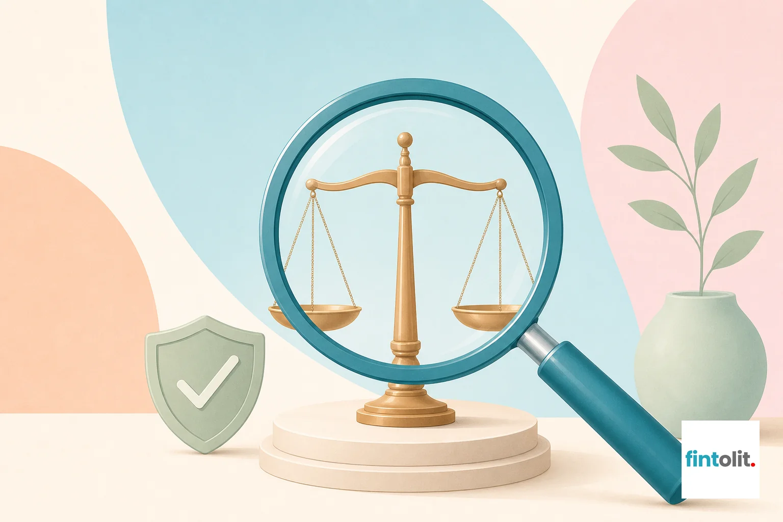 Symbolic illustration of verification and trust for choosing a specialist lawyer. Modern minimal illustration style with clean lines and one clear symbolic focal element: a magnifying glass hovering over a legal scale, suggesting