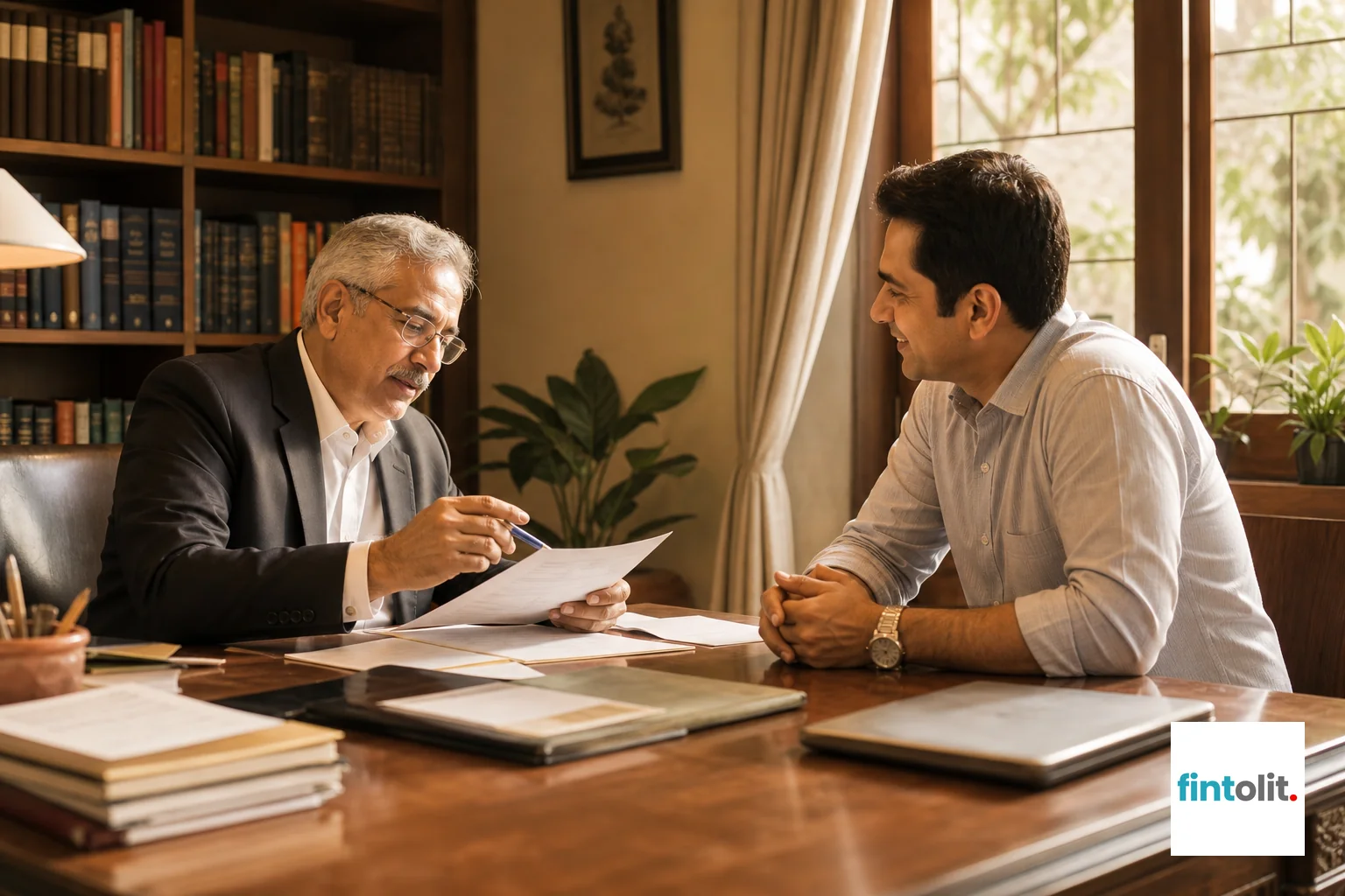 Candid documentary photography of real people mid-moment in warm, everyday settings, caught doing the thing rather than posing. A senior lawyer sits with a worried business owner in a home office in Delhi, papers spread on a table, morning