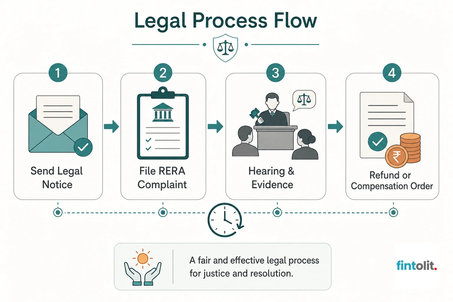 Legal Process Flowchart style: minimal flat diagram showing four steps in sequence: 'Send Legal Notice', 'File RERA Complaint', 'Hearing & Evidence', 'Refund or Compensation Order', with simple icons for each stage, brand teal and warm