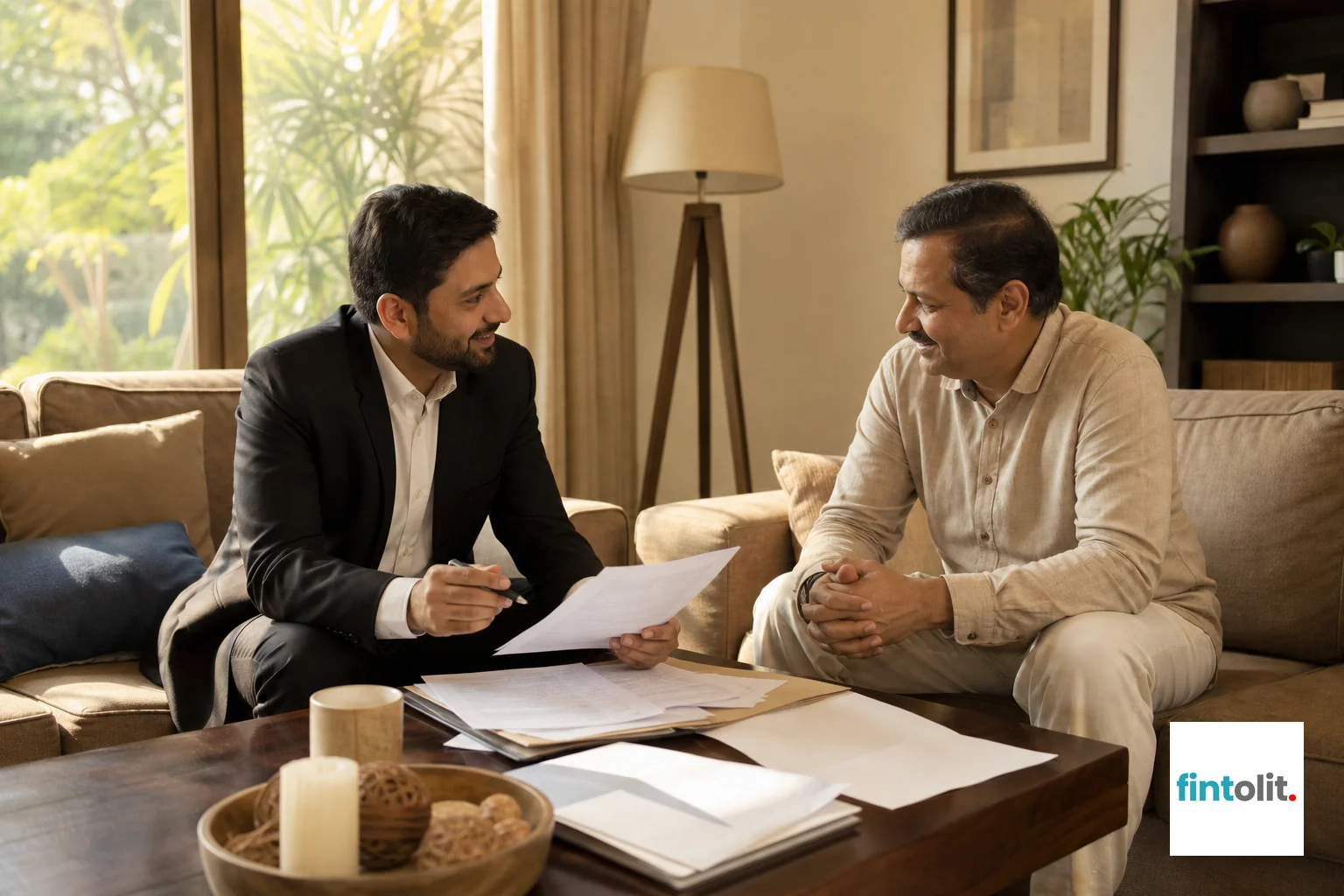 A lawyer visiting a client's home in Delhi NCR to discuss a property dispute. Lawyer at Home style: candid documentary photograph of a lawyer and a homeowner sitting in a warm living room in Delhi NCR, papers spread on a coffee table
