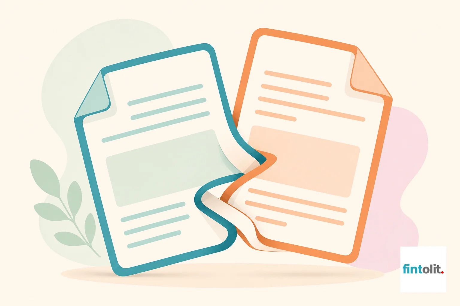 Symbolic illustration of two overlapping documents representing civil and criminal disputes. Modern minimal illustration with clean lines and one clear symbolic focal element: two overlapping paper documents, one edged in teal representing