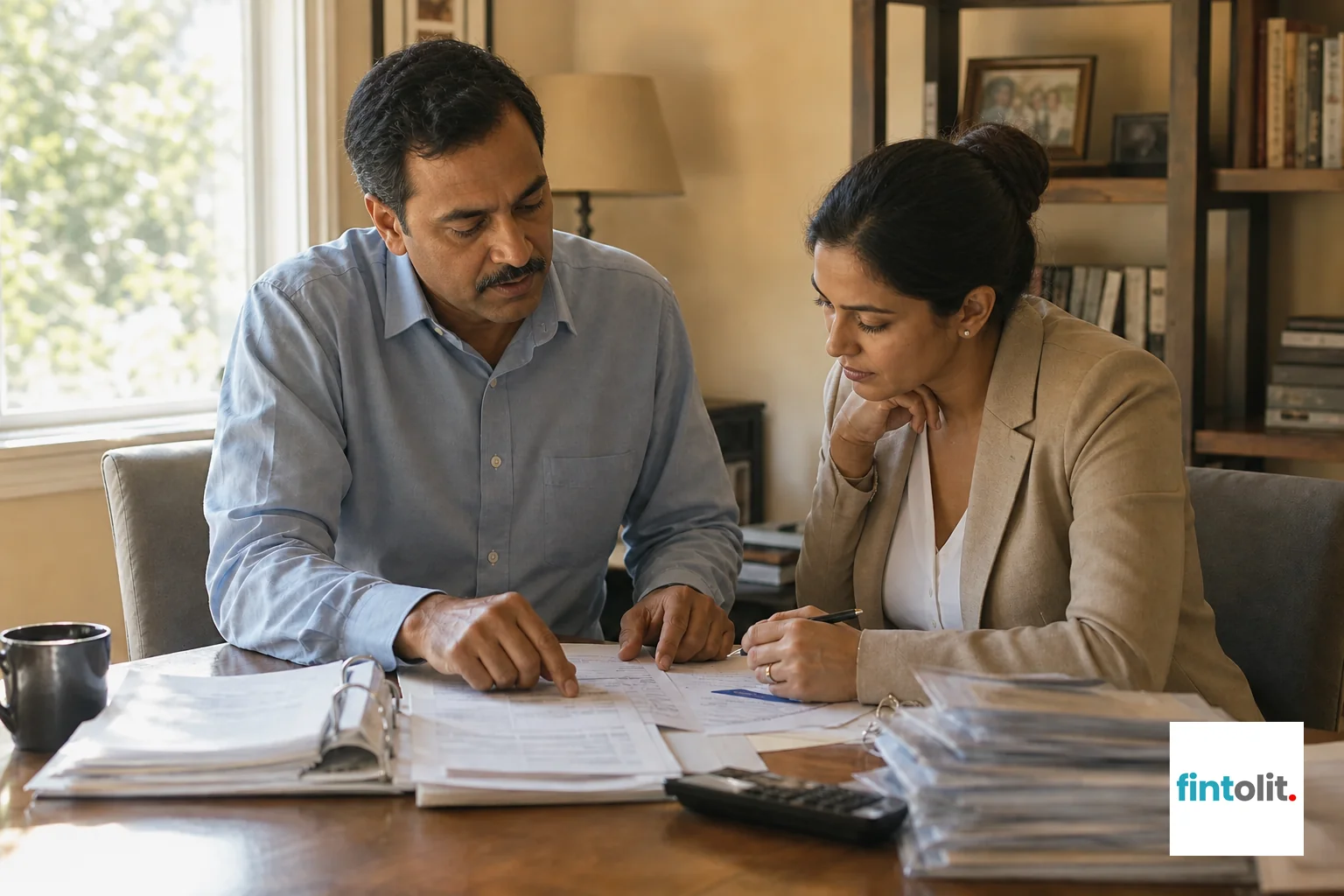 Photo of a witness or forensic accountant consultation session. Candid documentary photography of a real person mid-moment: a forensic accountant or witness reviewing ledgers and bank statements with a lawyer in a warm home-office setting