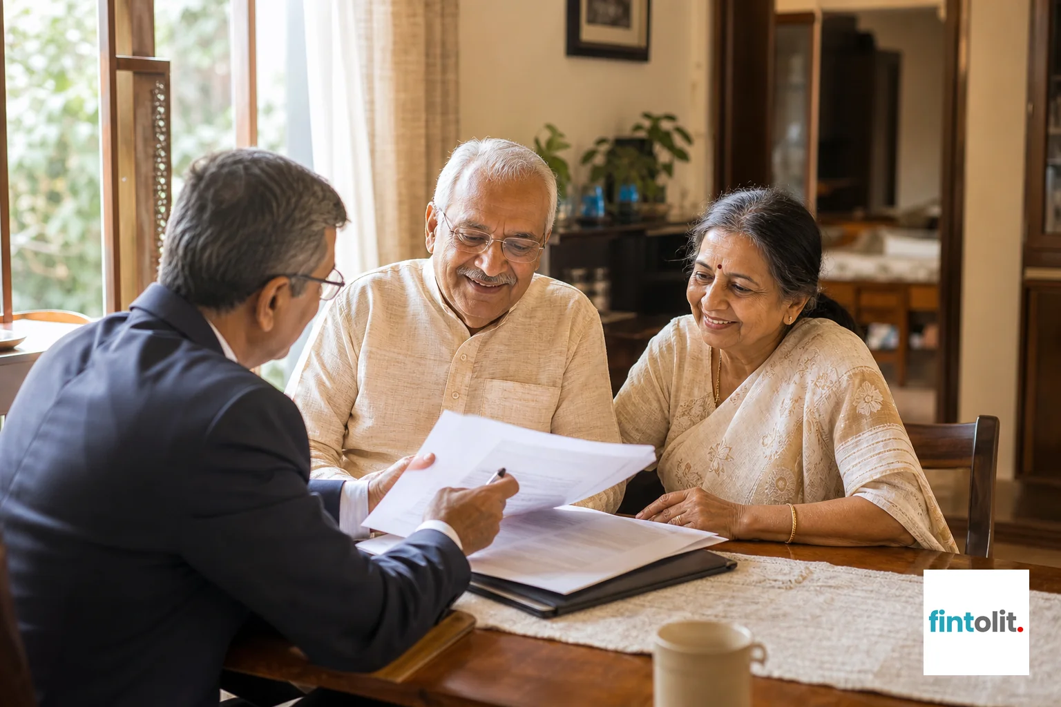 Lawyer at home session helping a family review inheritance paperwork. Candid documentary photography of real people mid-moment in warm, everyday settings, caught doing the thing rather than posing. A senior lawyer sits across from an
