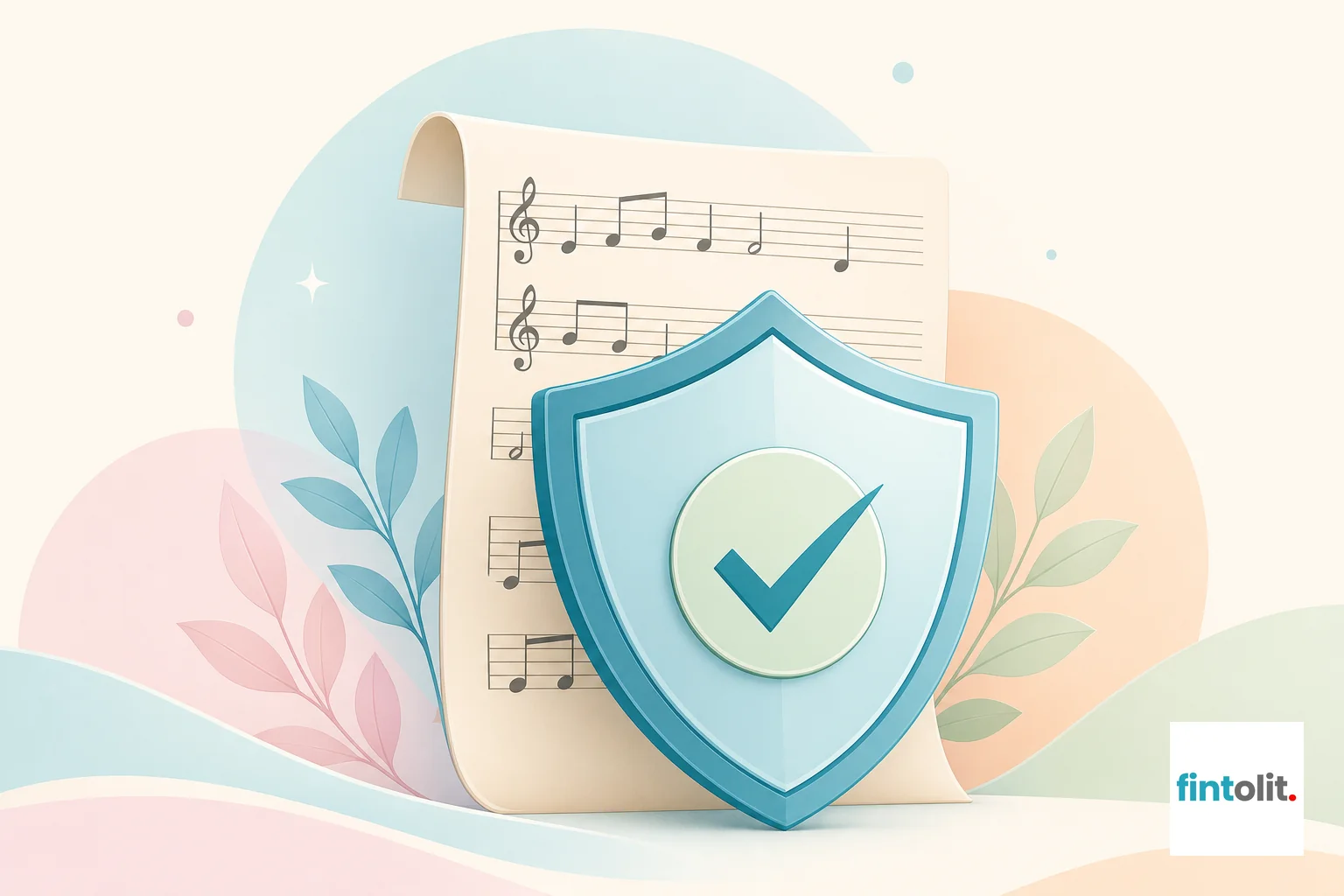 Verified Trust Seal: Modern minimal illustration style with clean lines and one clear symbolic focal element, showing a stylised shield or seal protecting a page of creative work like a manuscript or musical note, subtle detail suggesting