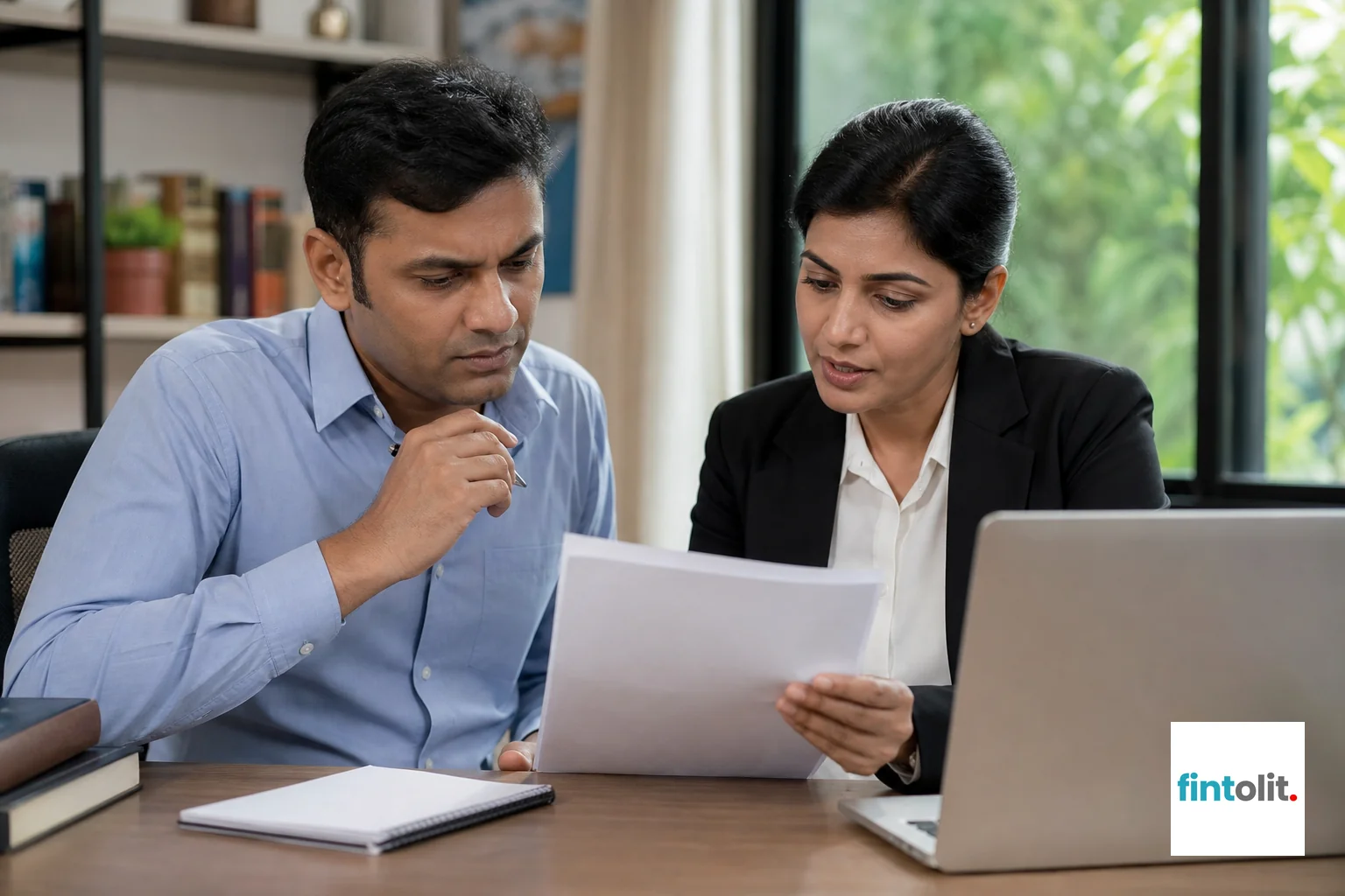 Client in consultation with a property lawyer reviewing documents on a laptop. Natural close-up photography of people of Indian appearance concentrating on an everyday professional moment, laptop and notes nearby with screens visible but