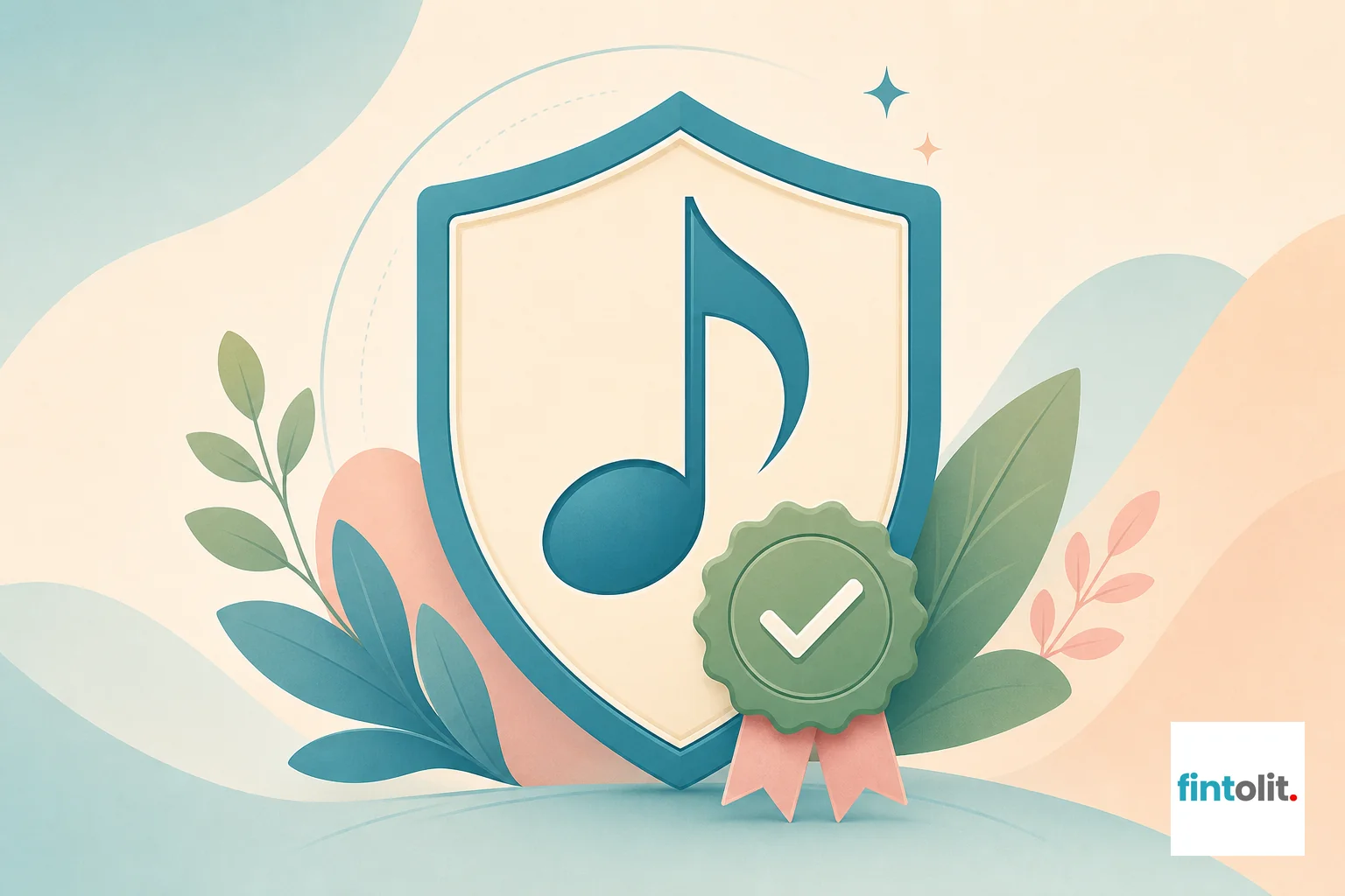 Modern minimal illustration style with clean lines, a single symbolic focal element combining a musical note and a shield or seal shape, subtle detail suggesting trust and verification, stylised rather than photographic, confident and