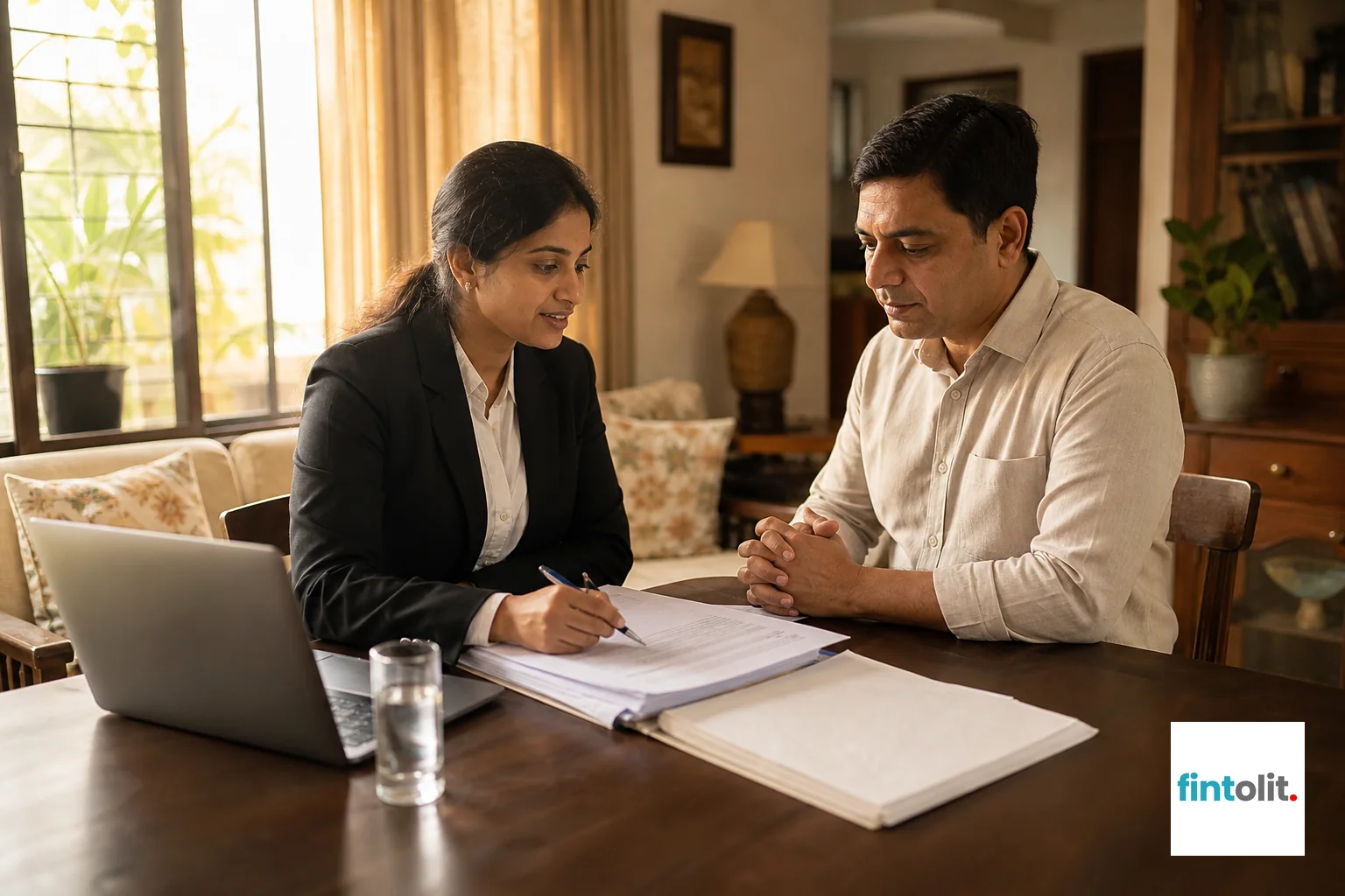 A lawyer and client discussing copyright protection for a song at home. Candid documentary photography of a real lawyer of Indian appearance visiting a client's home in Delhi NCR, both seated at a table with papers and a laptop, warm