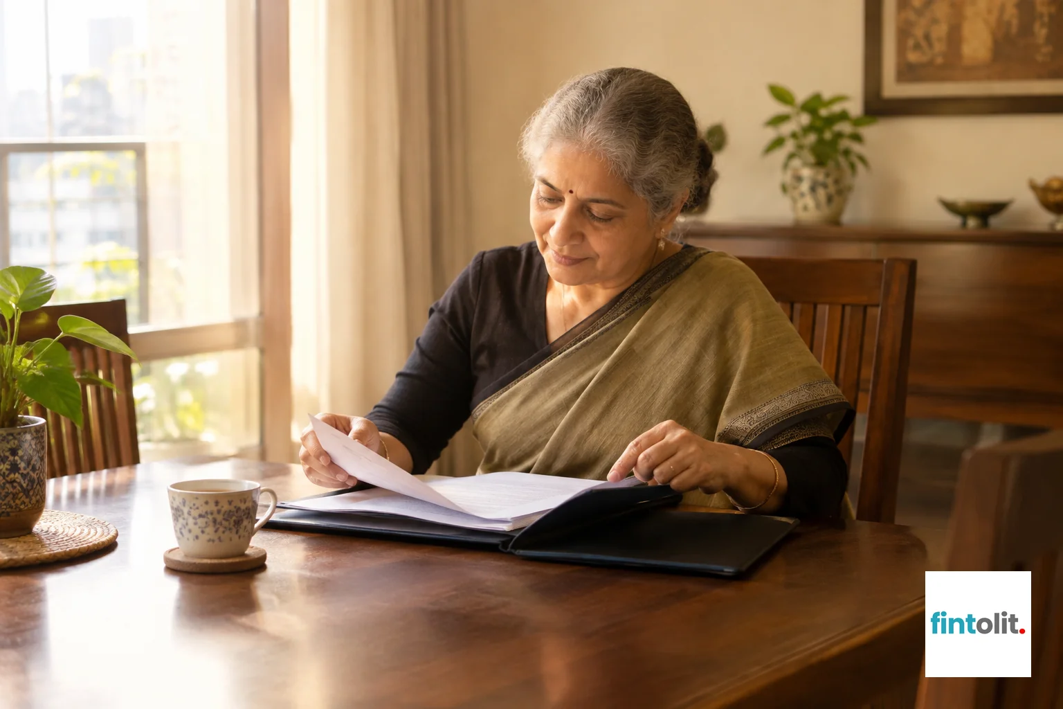 Verified senior lawyer meeting a founder at home with documents on a table in morning light
